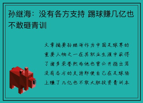 孙继海：没有各方支持 踢球赚几亿也不敢砸青训