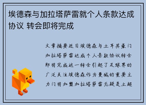 埃德森与加拉塔萨雷就个人条款达成协议 转会即将完成