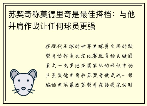 苏契奇称莫德里奇是最佳搭档：与他并肩作战让任何球员更强