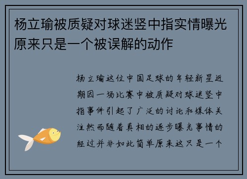 杨立瑜被质疑对球迷竖中指实情曝光原来只是一个被误解的动作
